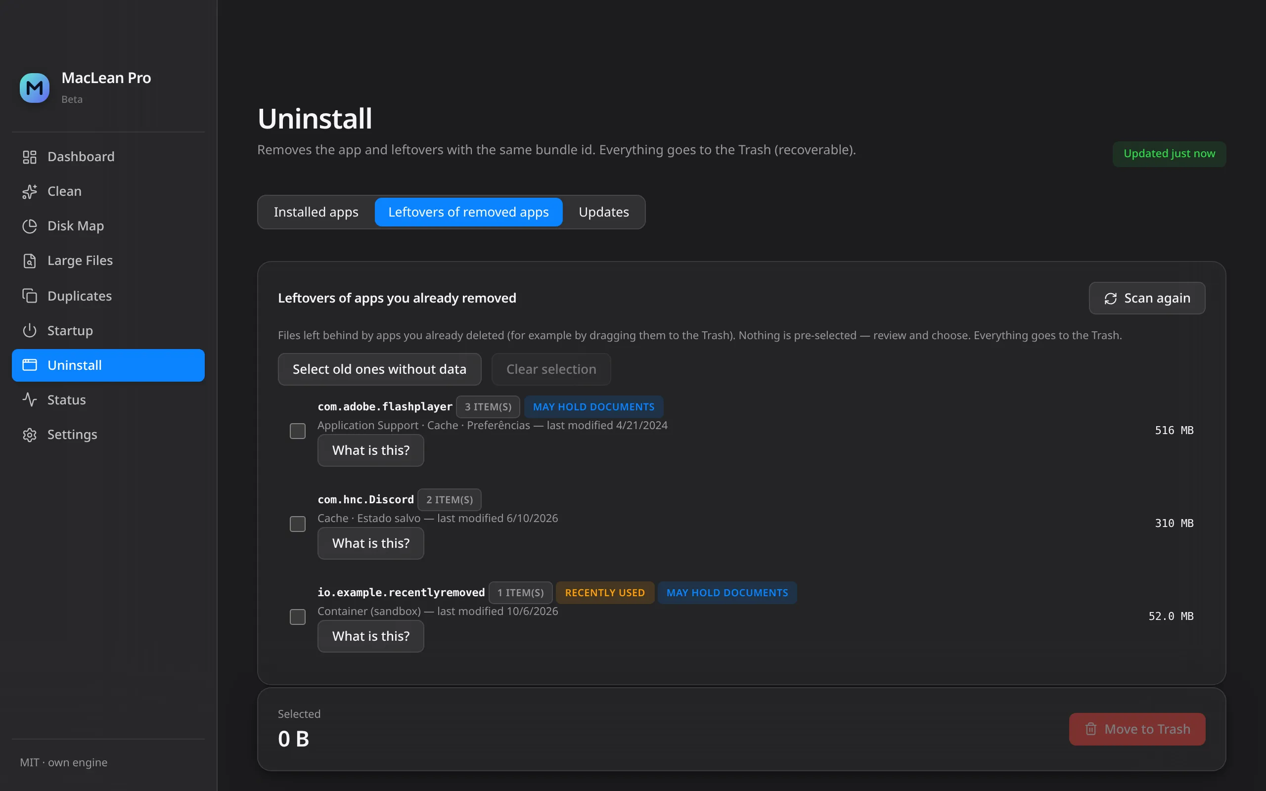MacLean Pro — Leftovers of removed apps